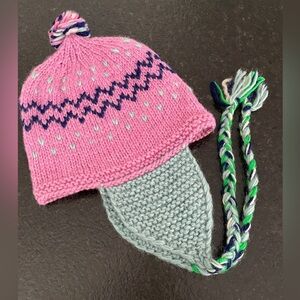 Hand Knit Wool Hat. Muted pinkish purple & aqua blue with tassels.